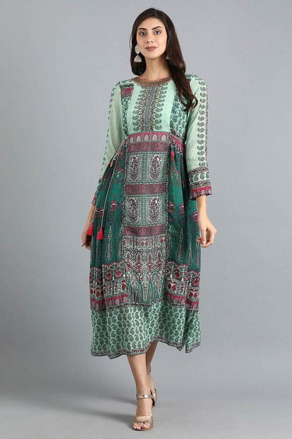 Green Round Neck Printed Flared Dress - wforwoman
