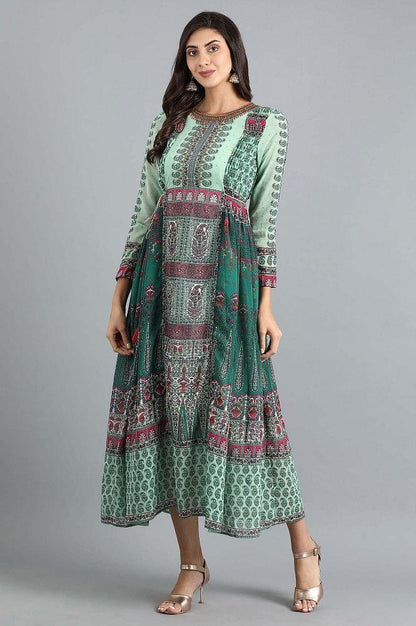 Green Round Neck Printed Flared Dress - wforwoman