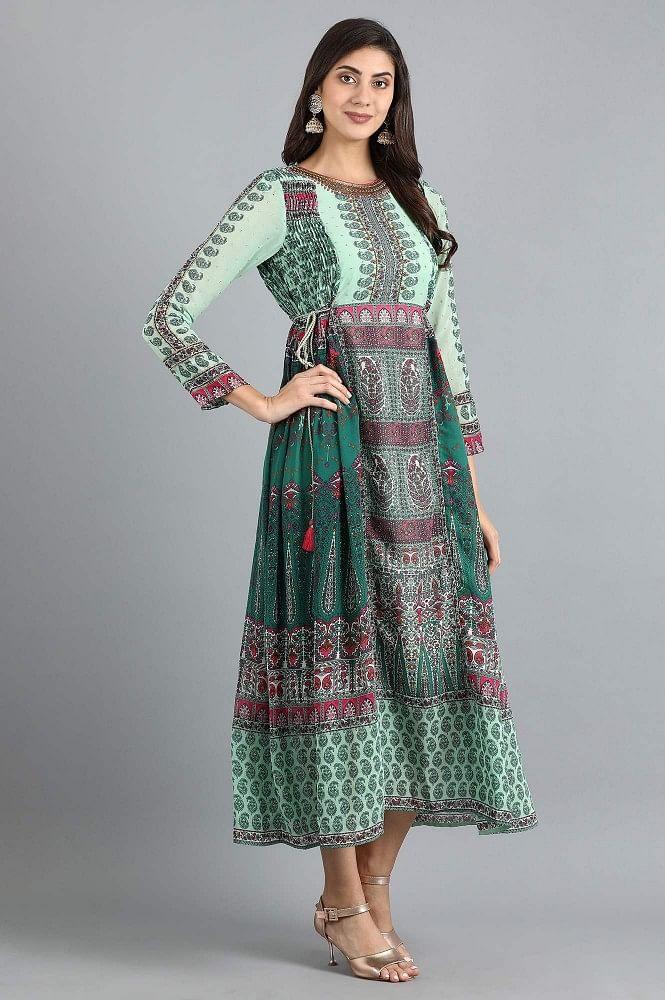 Green Round Neck Printed Flared Dress - wforwoman