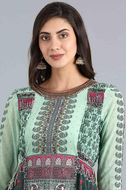 Green Round Neck Printed Flared Dress - wforwoman