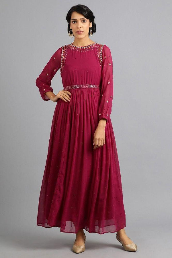 Wine Round Neck Gathered Dress