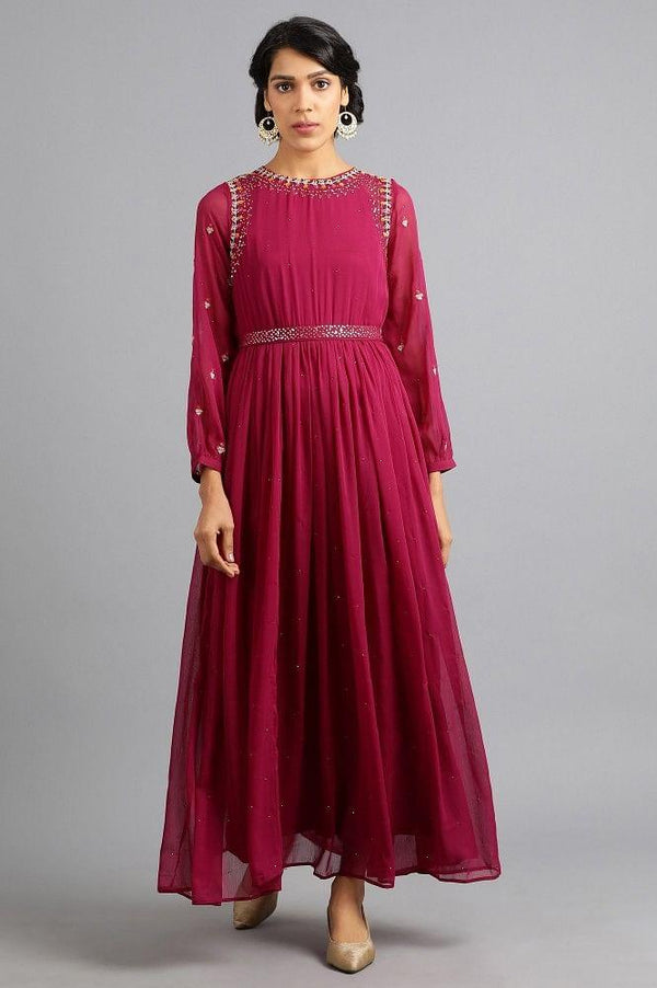 Wine Round Neck Gathered Dress