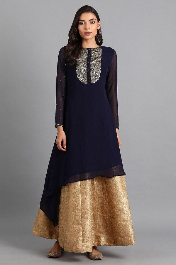 Navy Blue Round Neck Embroidered kurta