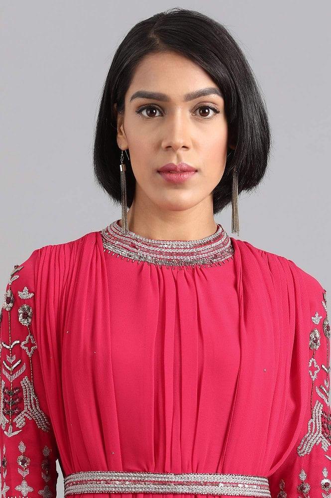 Red Mandarin Neck Gathered Dress - wforwoman