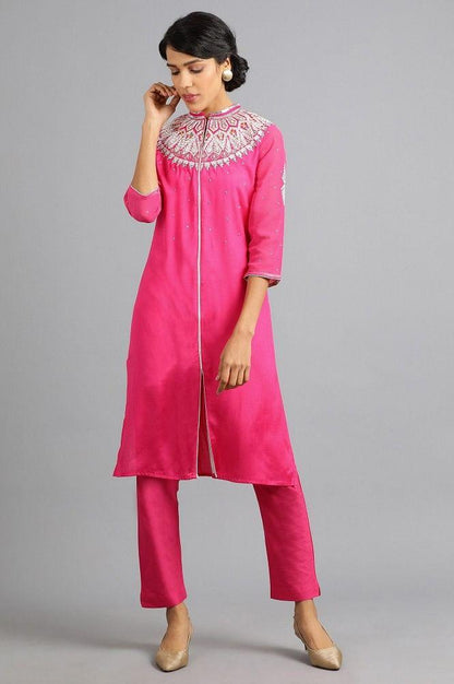 Pink Mandarin Neck Embellished kurta - wforwoman