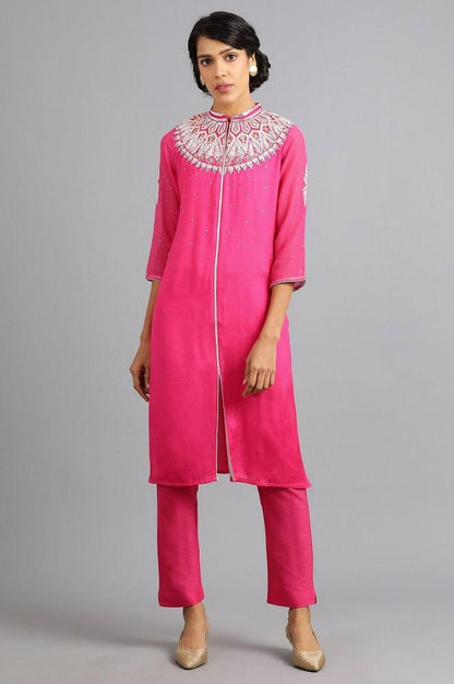 Pink Mandarin Neck Embellished kurta - wforwoman