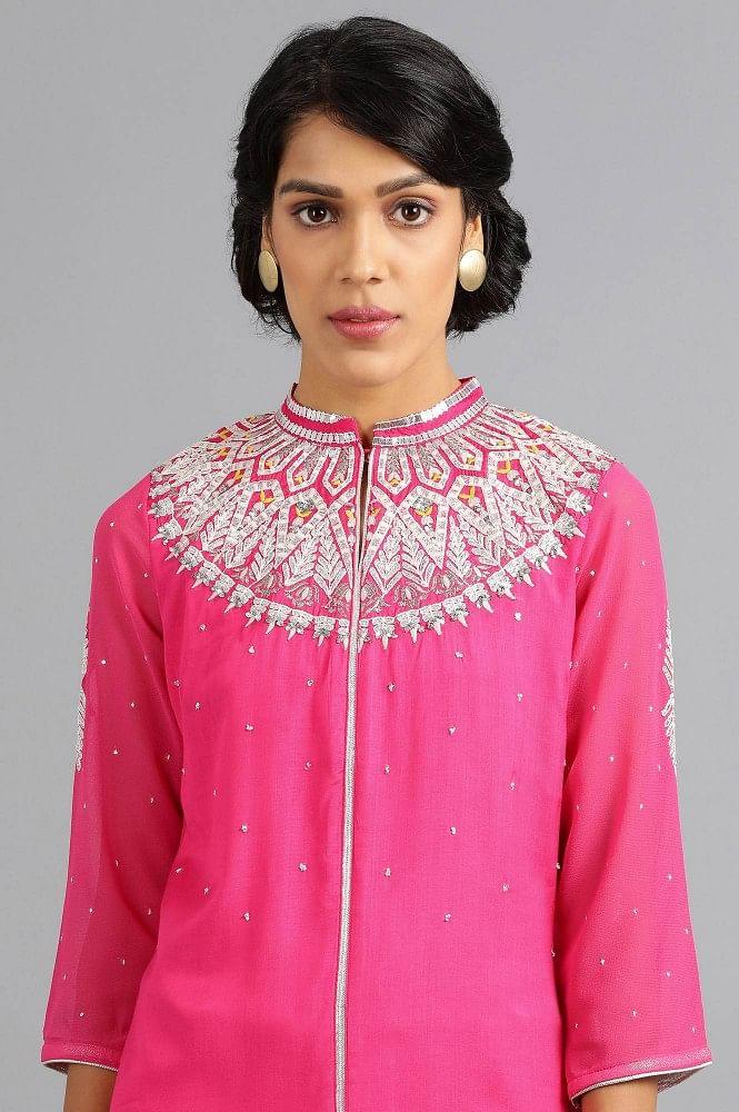 Pink Mandarin Neck Embellished kurta - wforwoman