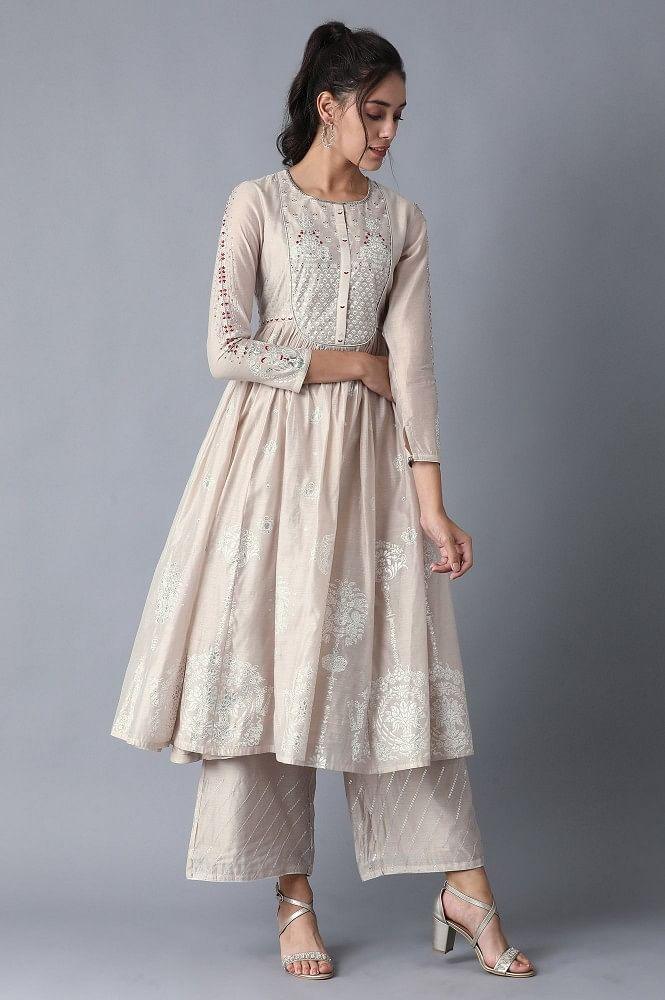 Beige Round Neck Printed kurta - wforwoman