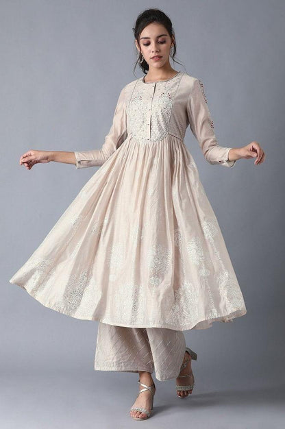 Beige Round Neck Printed kurta - wforwoman