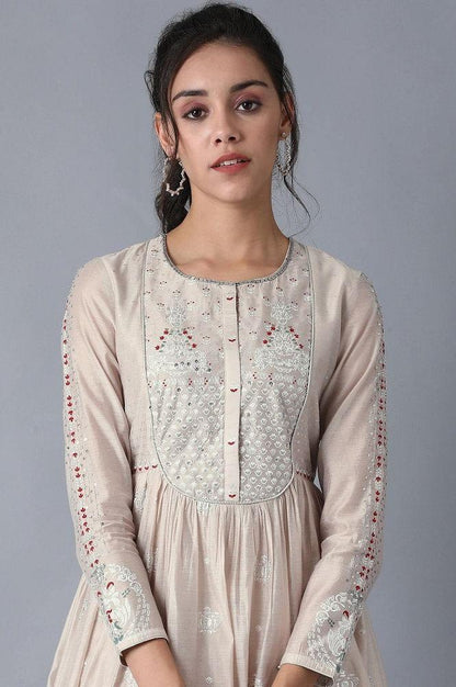 Beige Round Neck Printed kurta - wforwoman