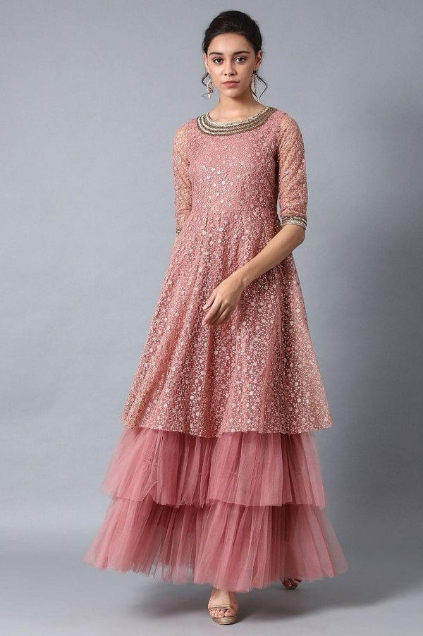Pink Round Neck Embroidered Gown