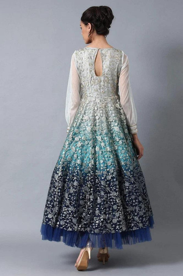 Blue Round Neck Embroidered Gown
