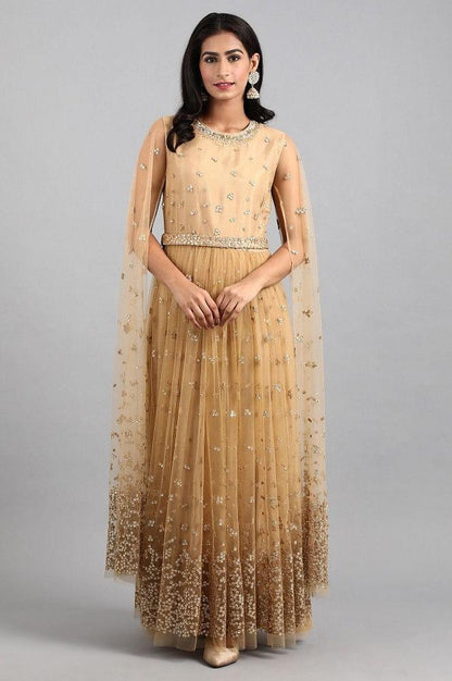 Beige Round Neck Embellished Gown - wforwoman