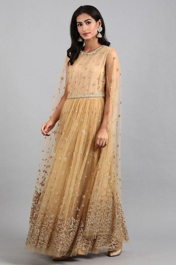 Beige Round Neck Embellished Gown