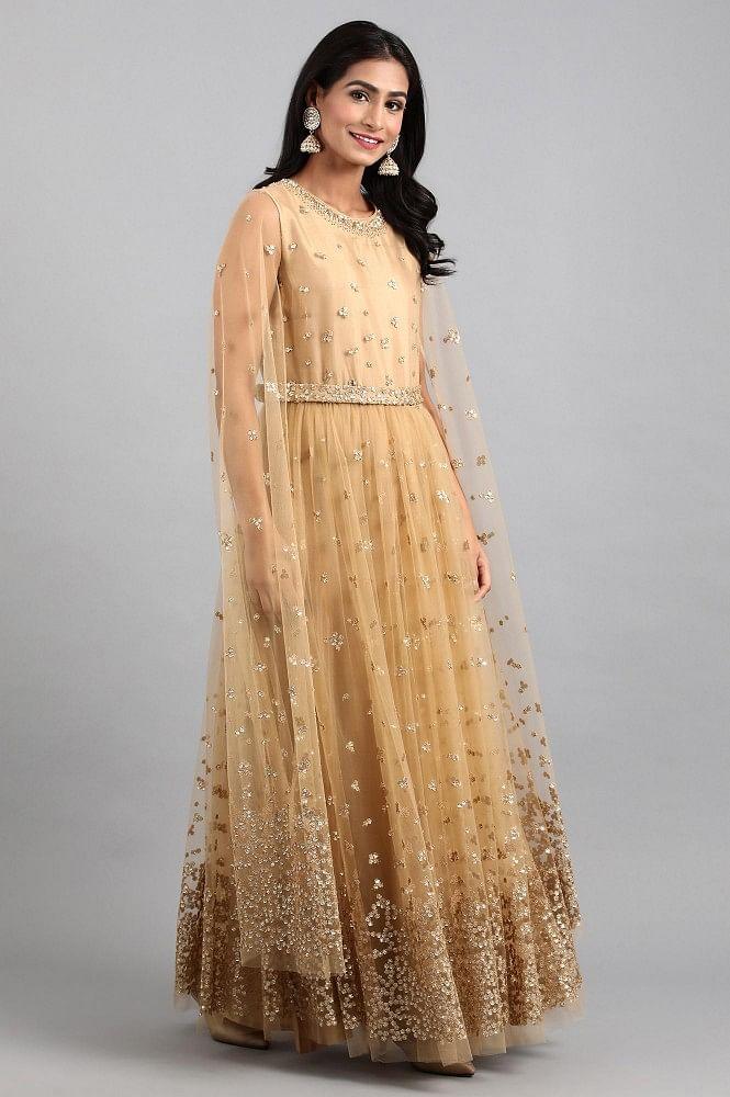 Beige Round Neck Embellished Gown - wforwoman