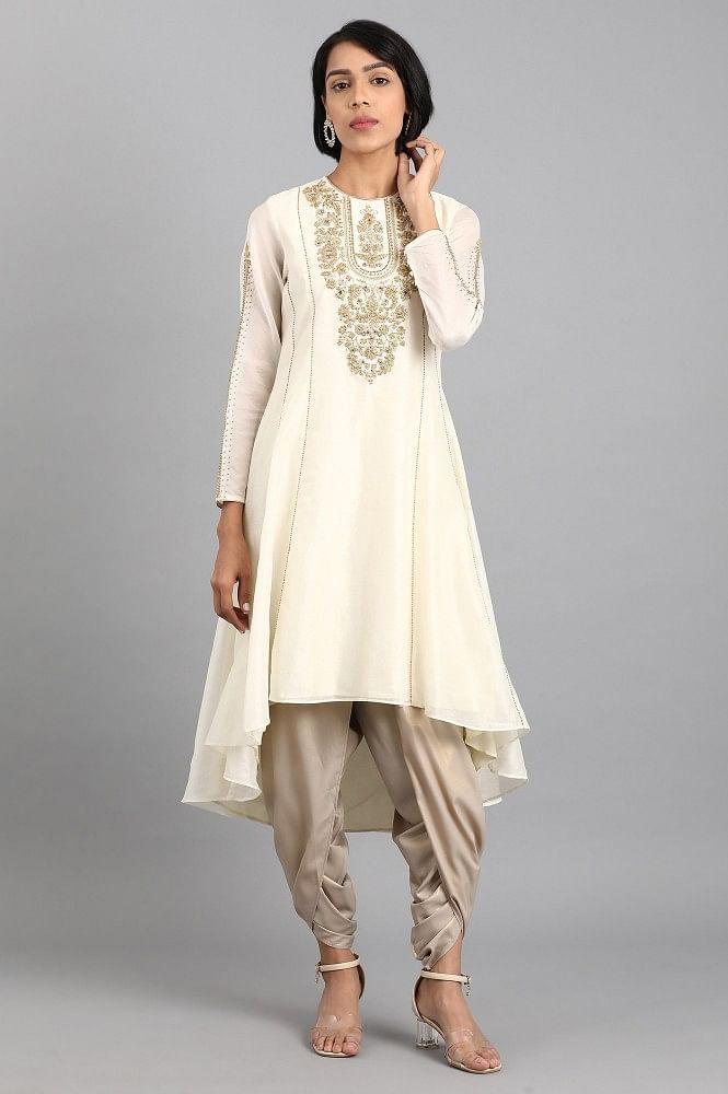 Ecru Round Neck Embroidered kurta - wforwoman