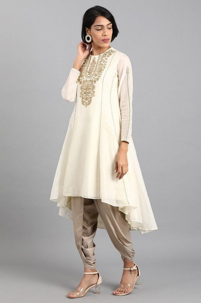 Ecru Round Neck Embroidered kurta - wforwoman