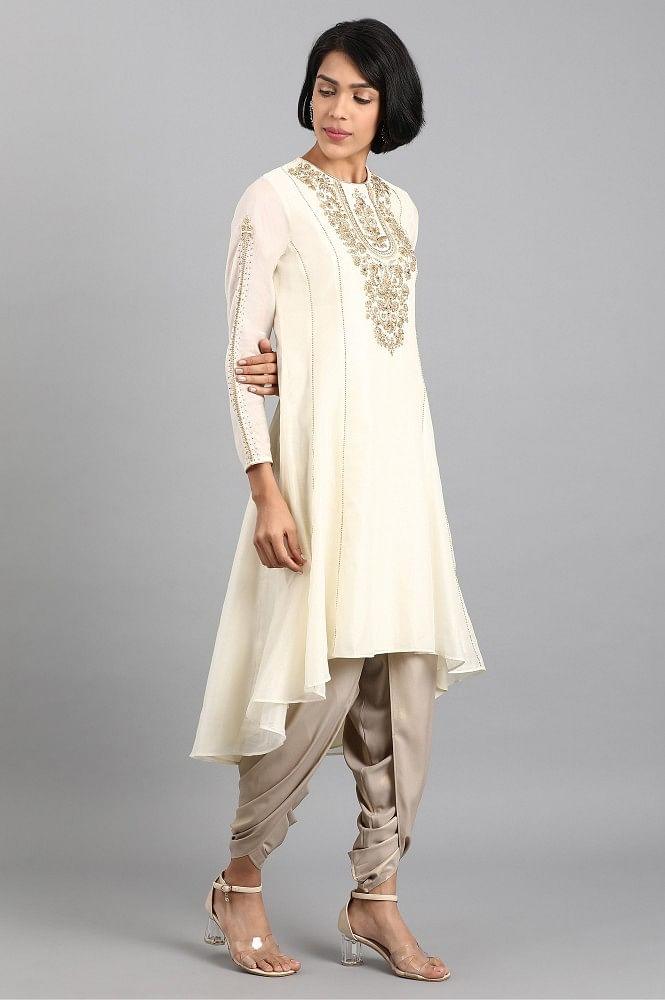 Ecru Round Neck Embroidered kurta - wforwoman