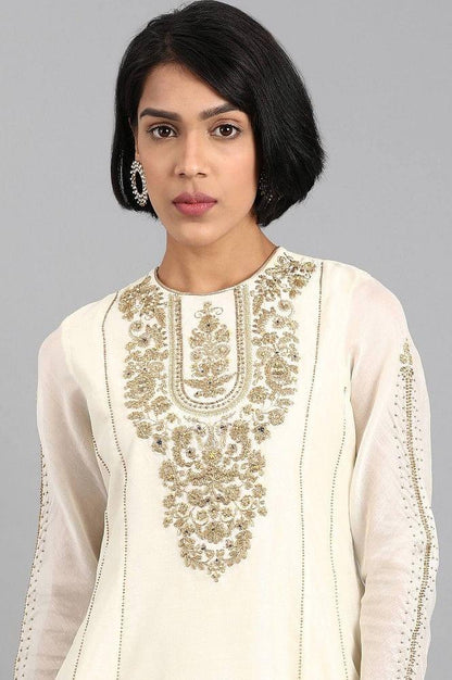 Ecru Round Neck Embroidered kurta - wforwoman