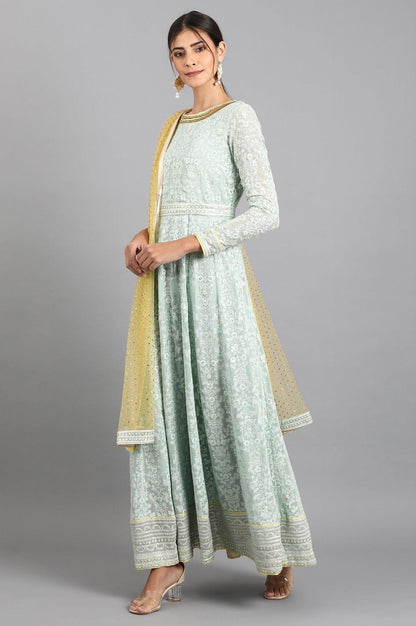 Sea Green Round Neck Embroidered Set - wforwoman