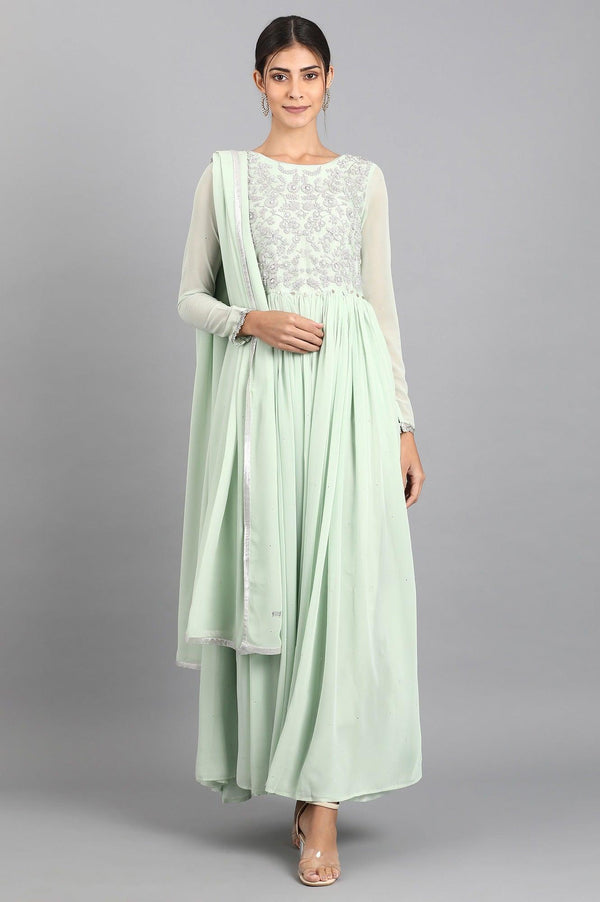 Green Round Neck Gathered Dress