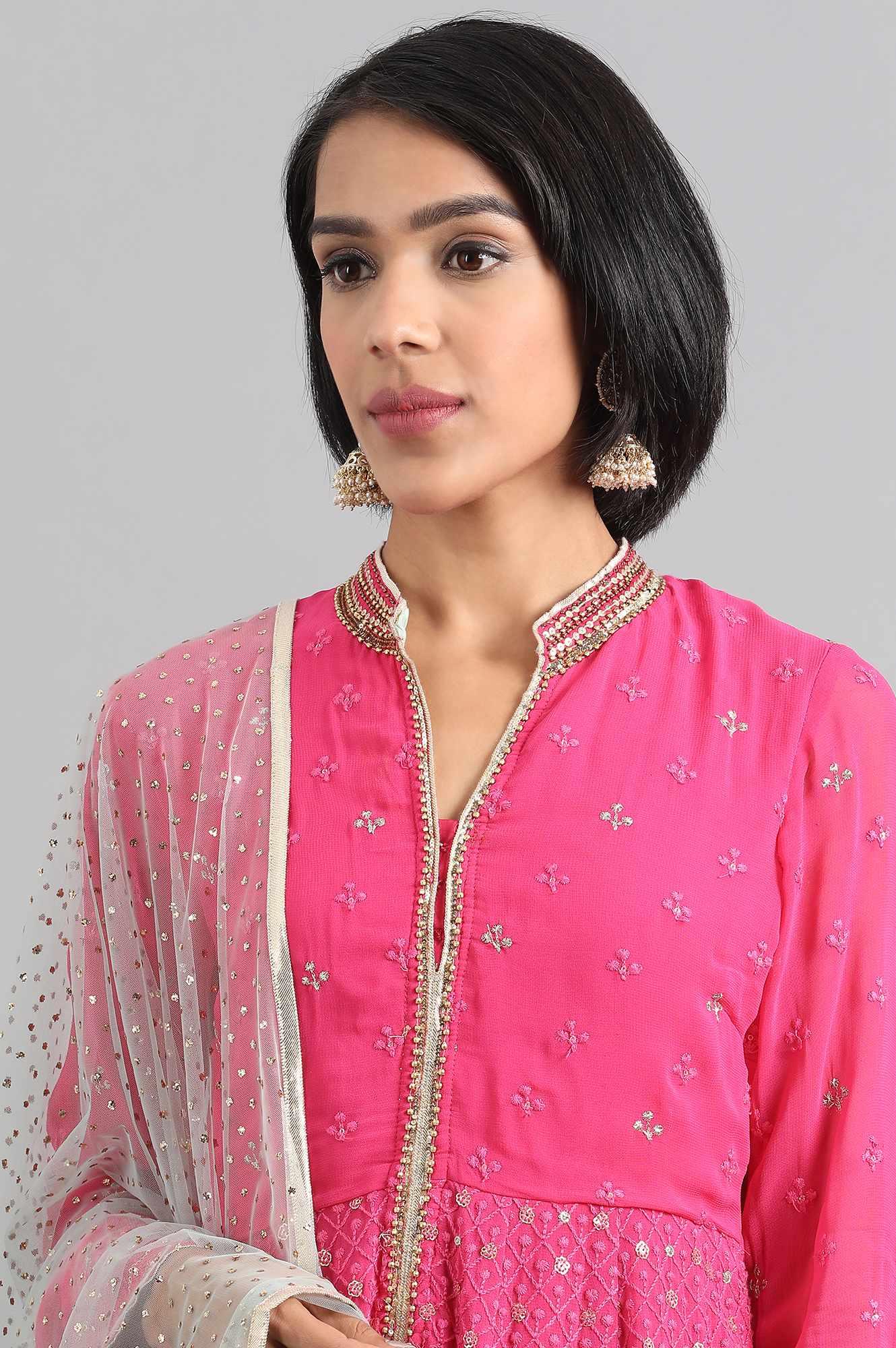 Pink Mandarin Neck Embroidered kurta Set - wforwoman