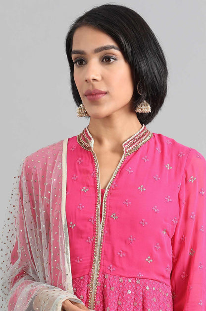 Pink Mandarin Neck Embroidered kurta Set - wforwoman