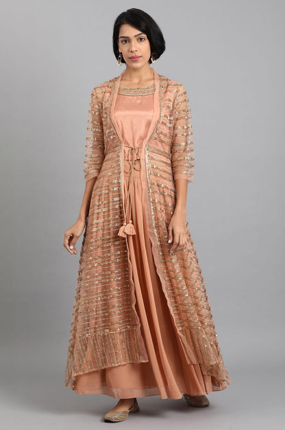 Peach Round Neck Jacket Set - wforwoman