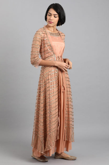 Peach Round Neck Jacket Set - wforwoman