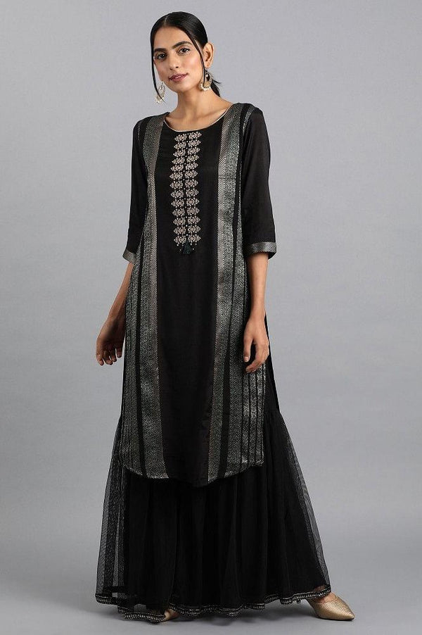 Blue Mandarin Neck Gathered Dress