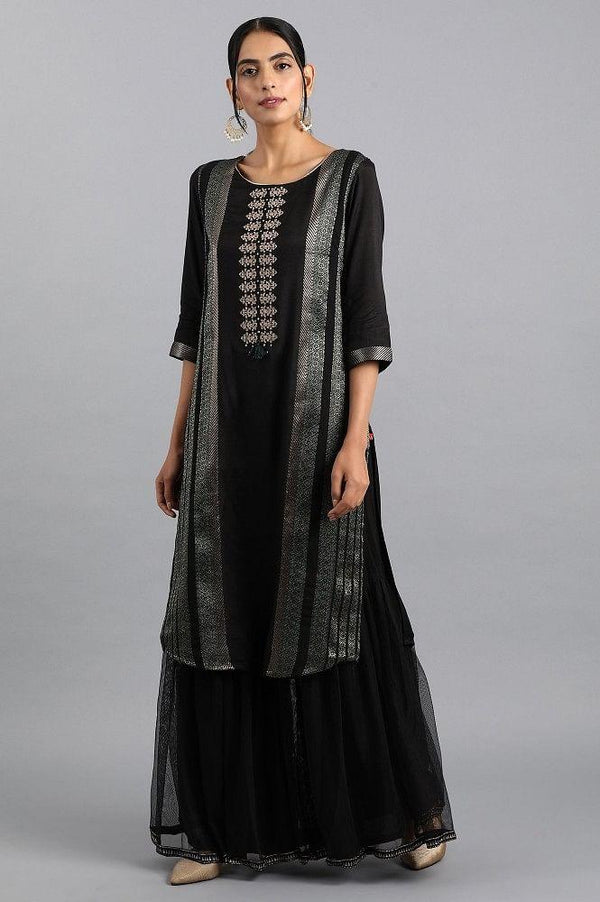 Blue Mandarin Neck Gathered Dress