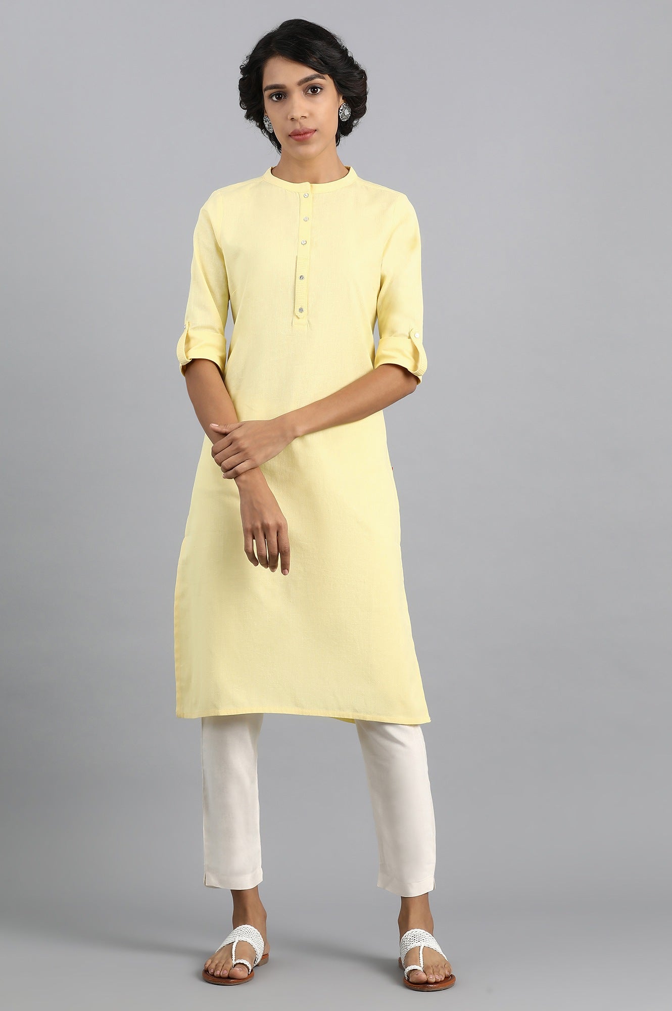 Yellow Mandarin Neck Solid kurta