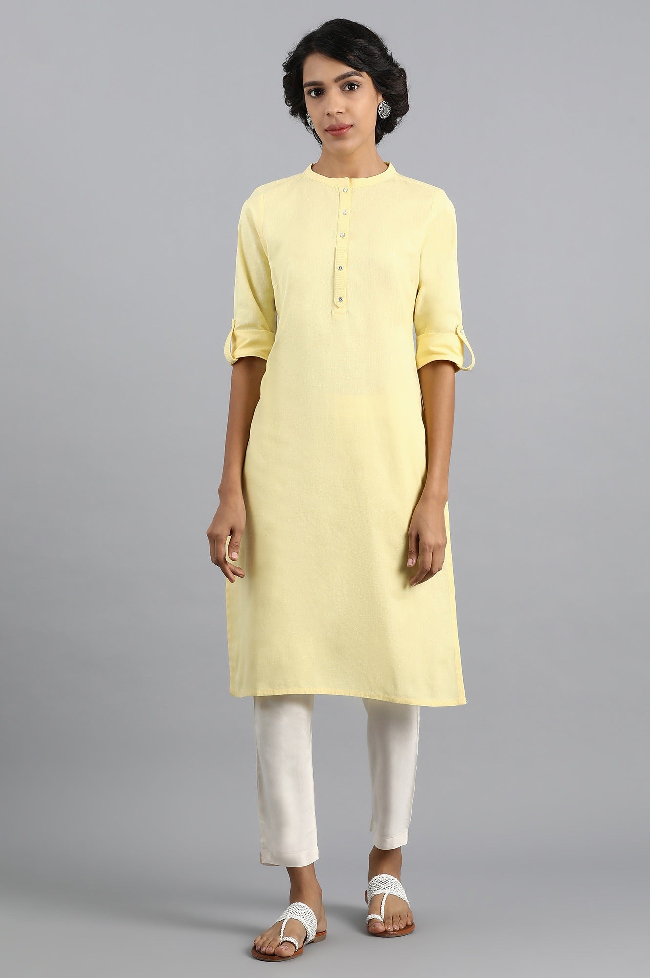 Yellow Mandarin Neck Solid kurta