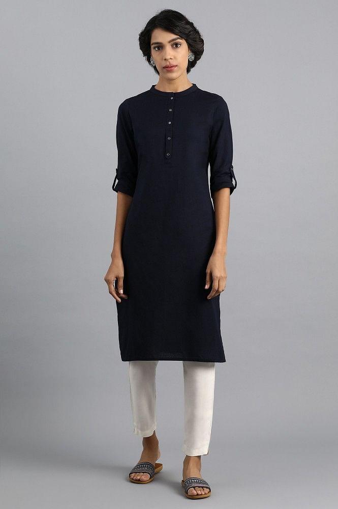 Blue Mandarin Neck Solid kurta - wforwoman
