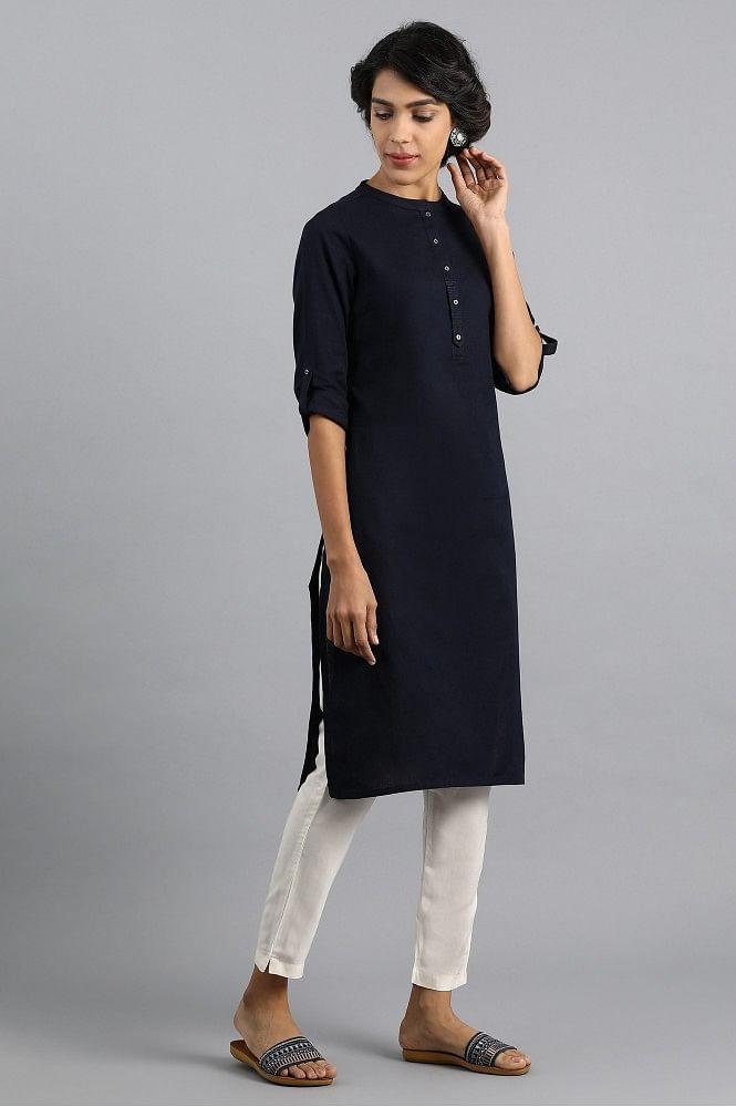 Blue Mandarin Neck Solid kurta - wforwoman