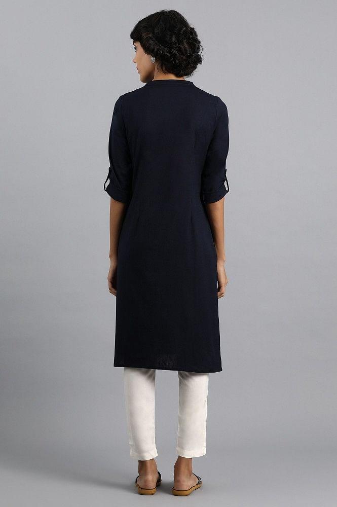 Blue Mandarin Neck Solid kurta - wforwoman