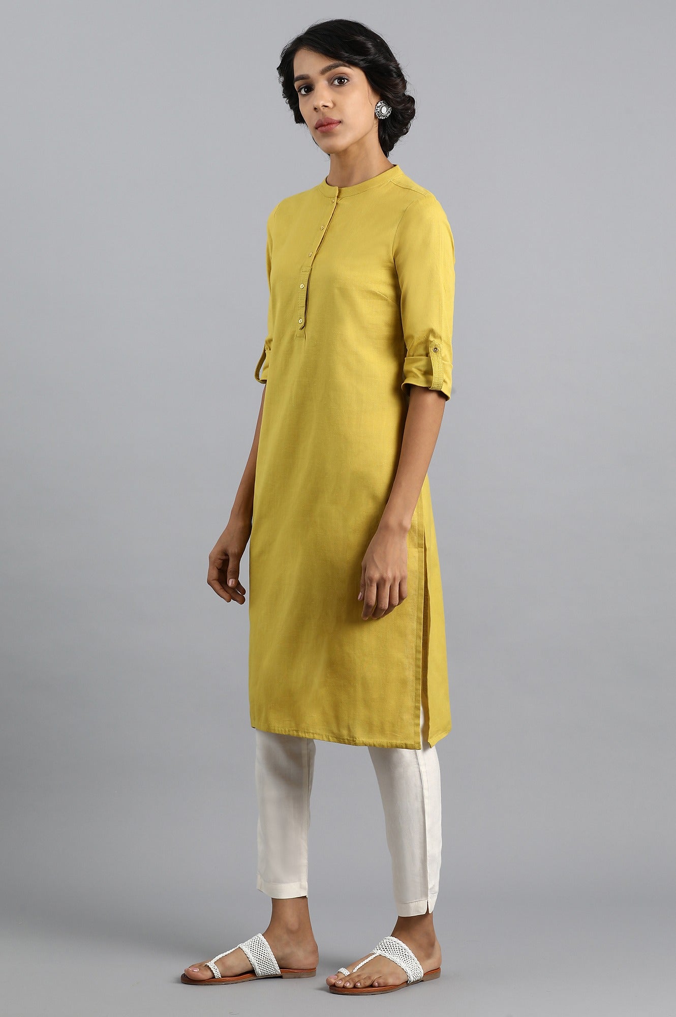 Yellow Mandarin Neck Solid kurta