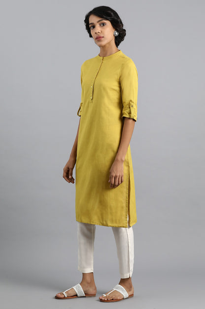 Yellow Mandarin Neck Solid kurta
