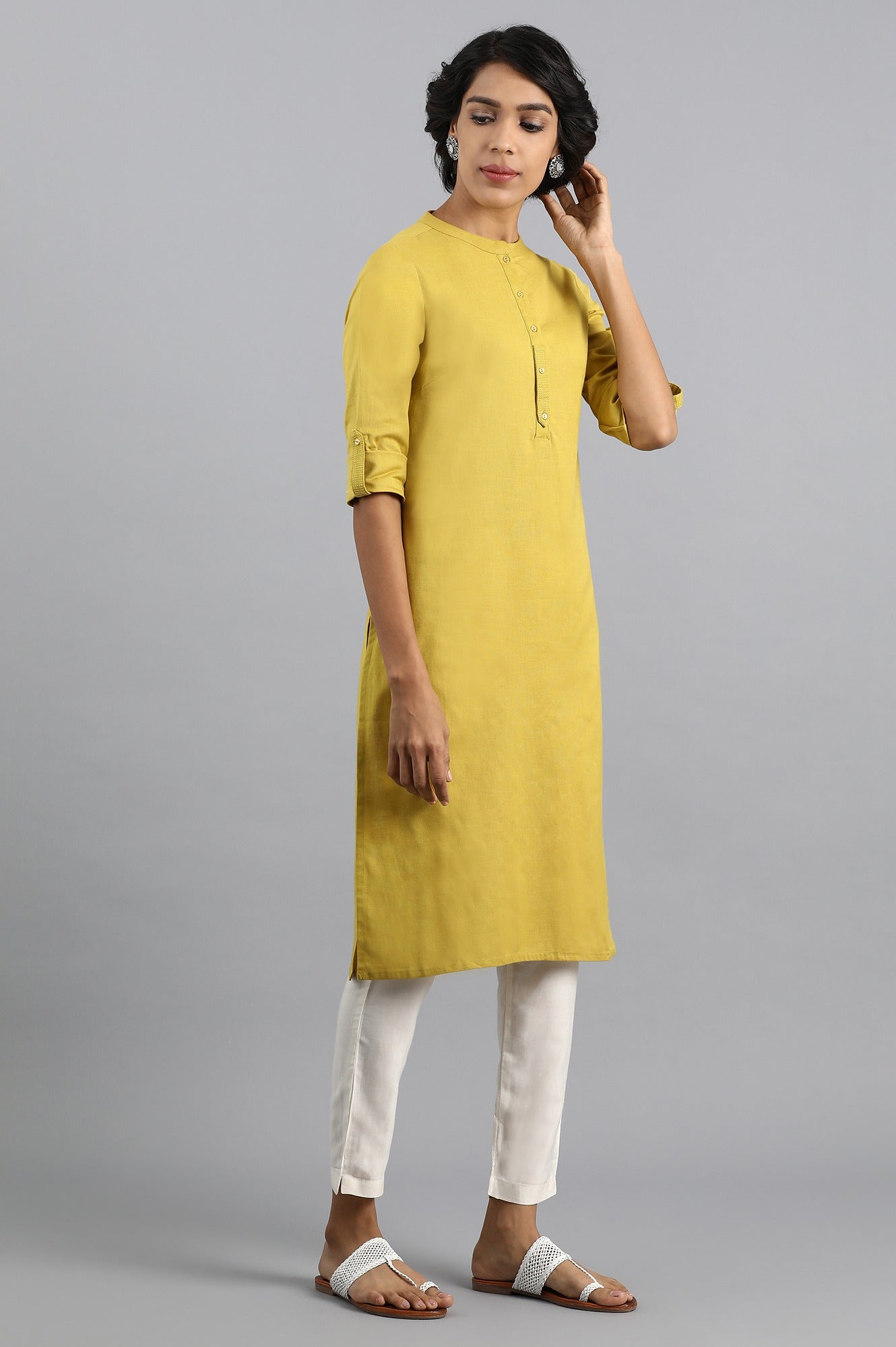 Yellow Mandarin Neck Solid kurta