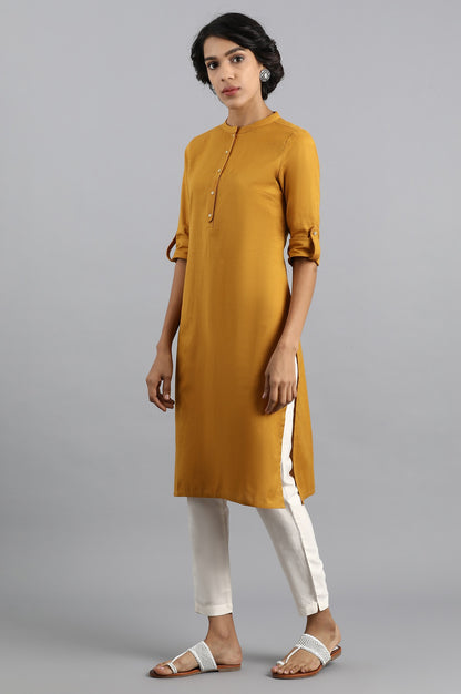 Yellow Mandarin Neck Solid kurta