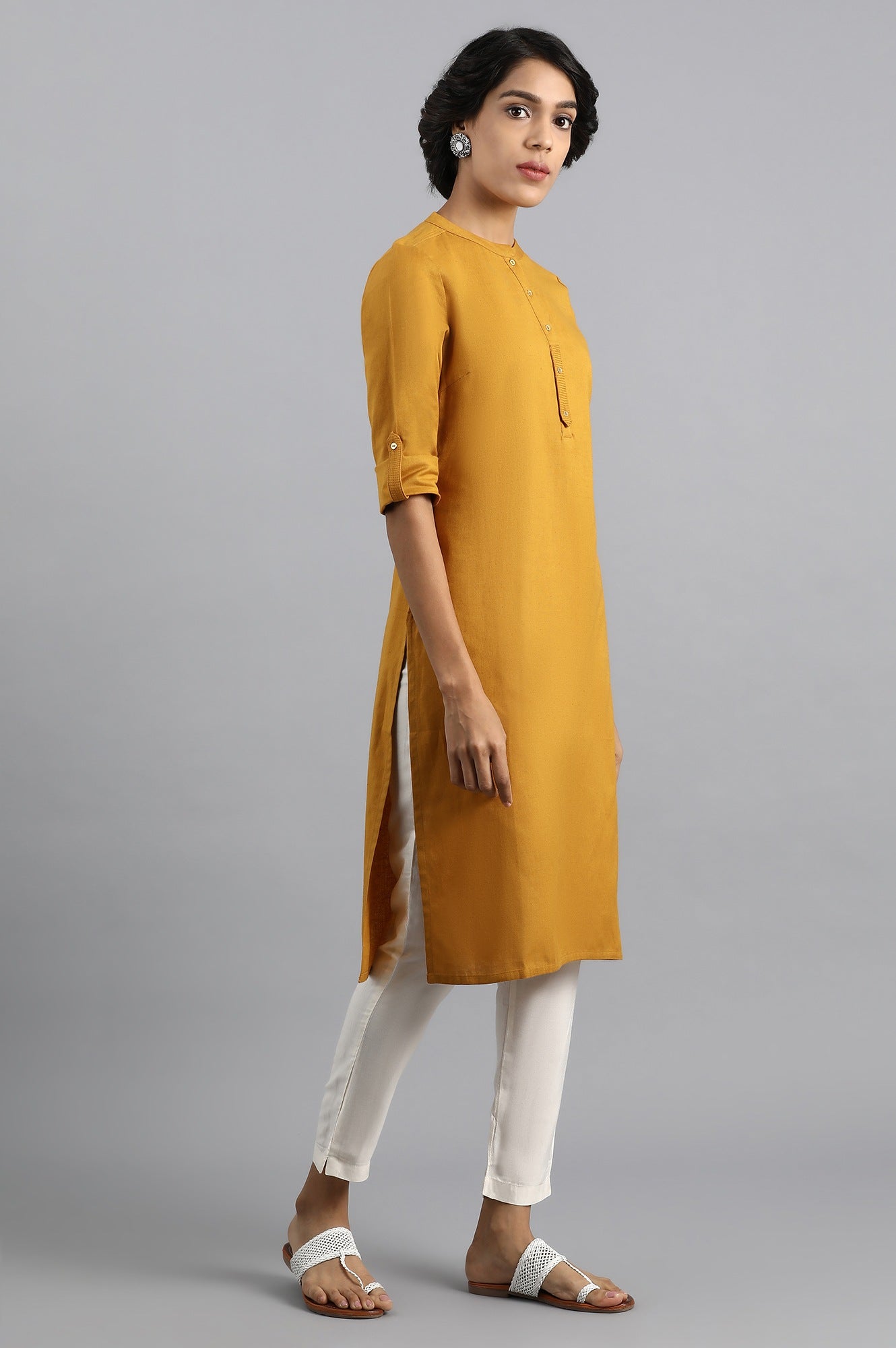 Yellow Mandarin Neck Solid kurta