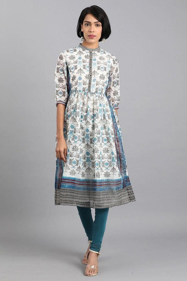 White & Blue Mandarin Neck Printed kurta