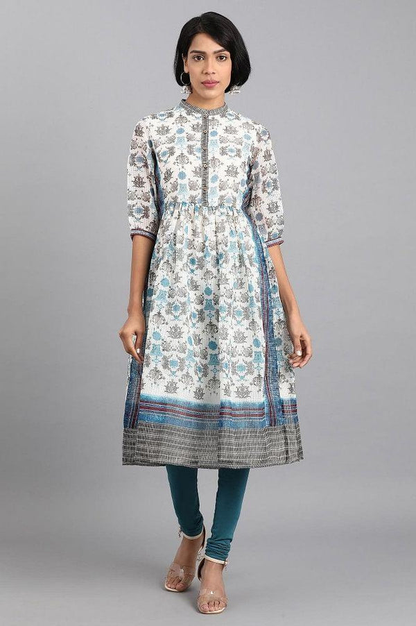 White & Blue Mandarin Neck Printed kurta