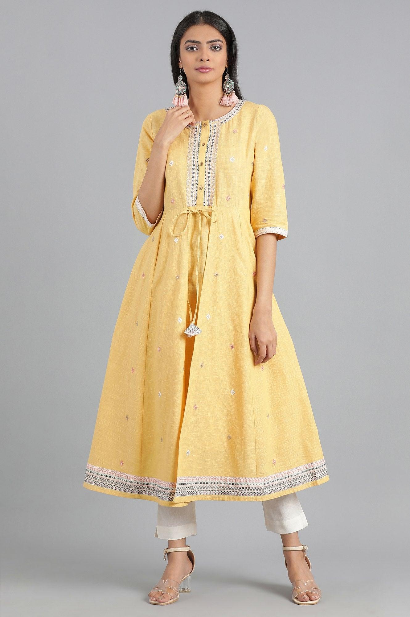 Yellow Round Neck Fusion Dress - wforwoman