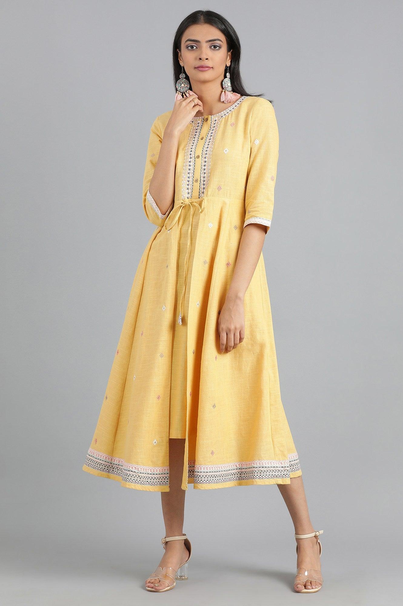 Yellow Round Neck Fusion Dress - wforwoman