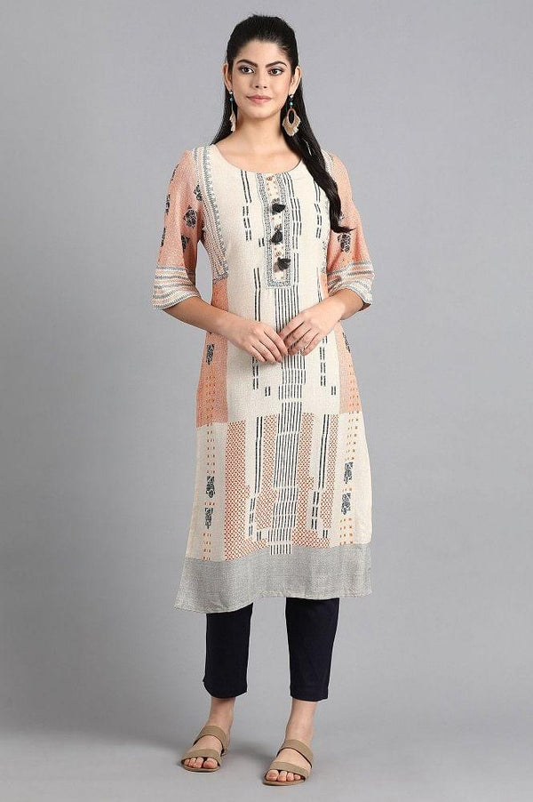 Beige Round Neck Printed kurta