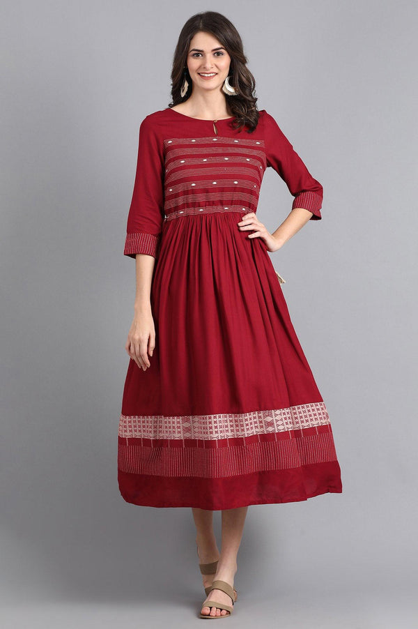Maroon Round Neck Gathered Dress