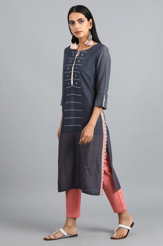 Blue Round Neck Printed kurta - wforwoman