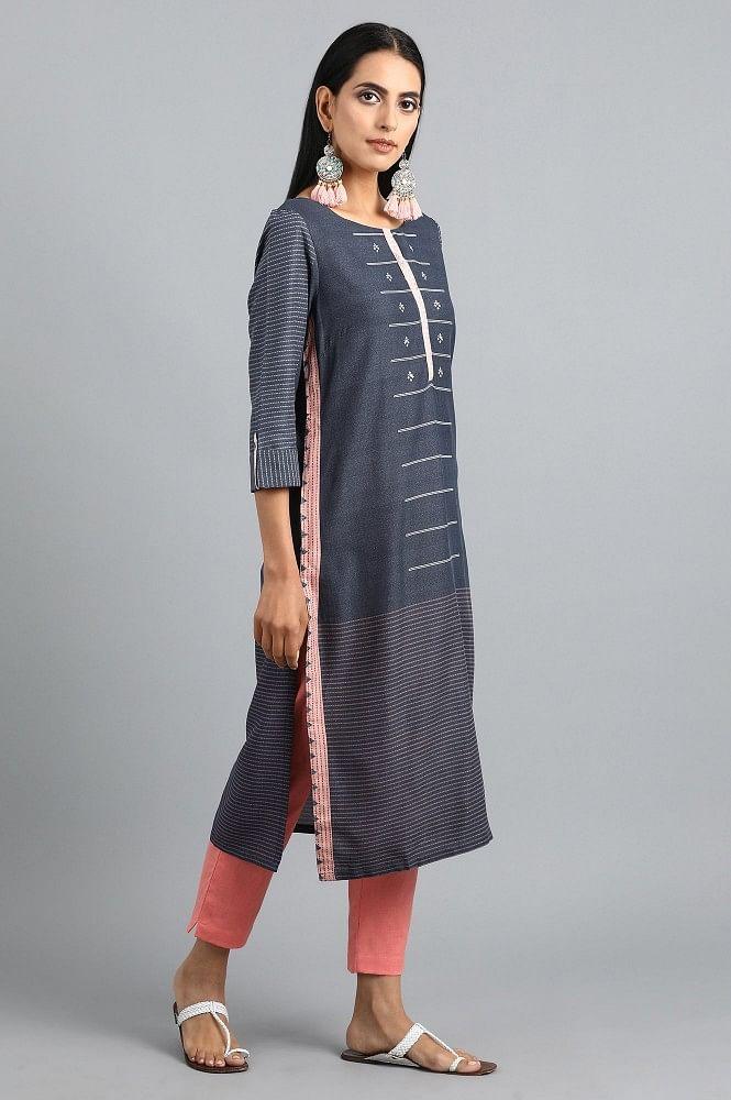 Blue Round Neck Printed kurta - wforwoman