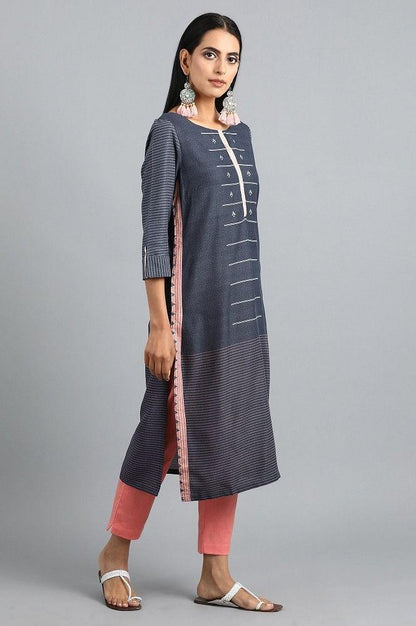 Blue Round Neck Printed kurta - wforwoman